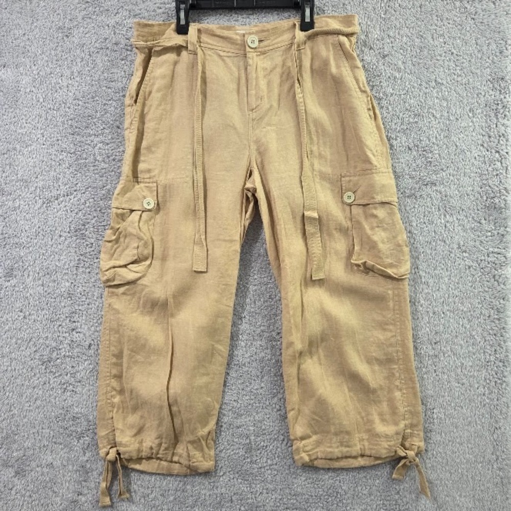 Karen Kane Cargo Pants Womens 10 Tan 100% Linen Cropped Drawstring Khaki Utility